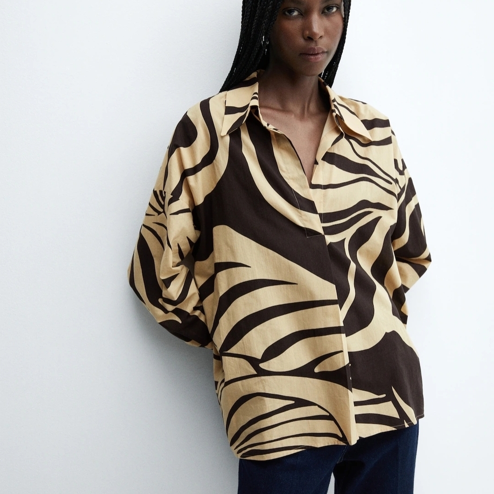 Mango Zebra Print Button Down Shirt - Brown and Tan